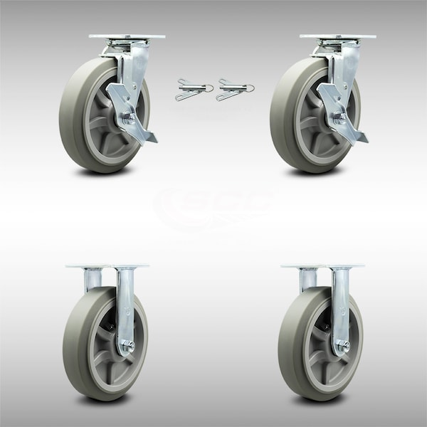 Service Caster 8 Inch Stainless Steel Thermoplastic Caster Set with 2 Brake/Swivel Lock 2 Rigid SCC-SS30S820-TPRBF-TLB-BSL-2-R-2 - main